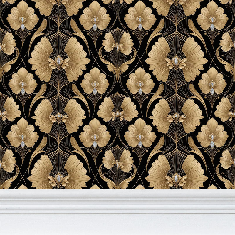 Black and gold Art Deco Flower Repeat Pattern Wallpaper | Aura Regalia