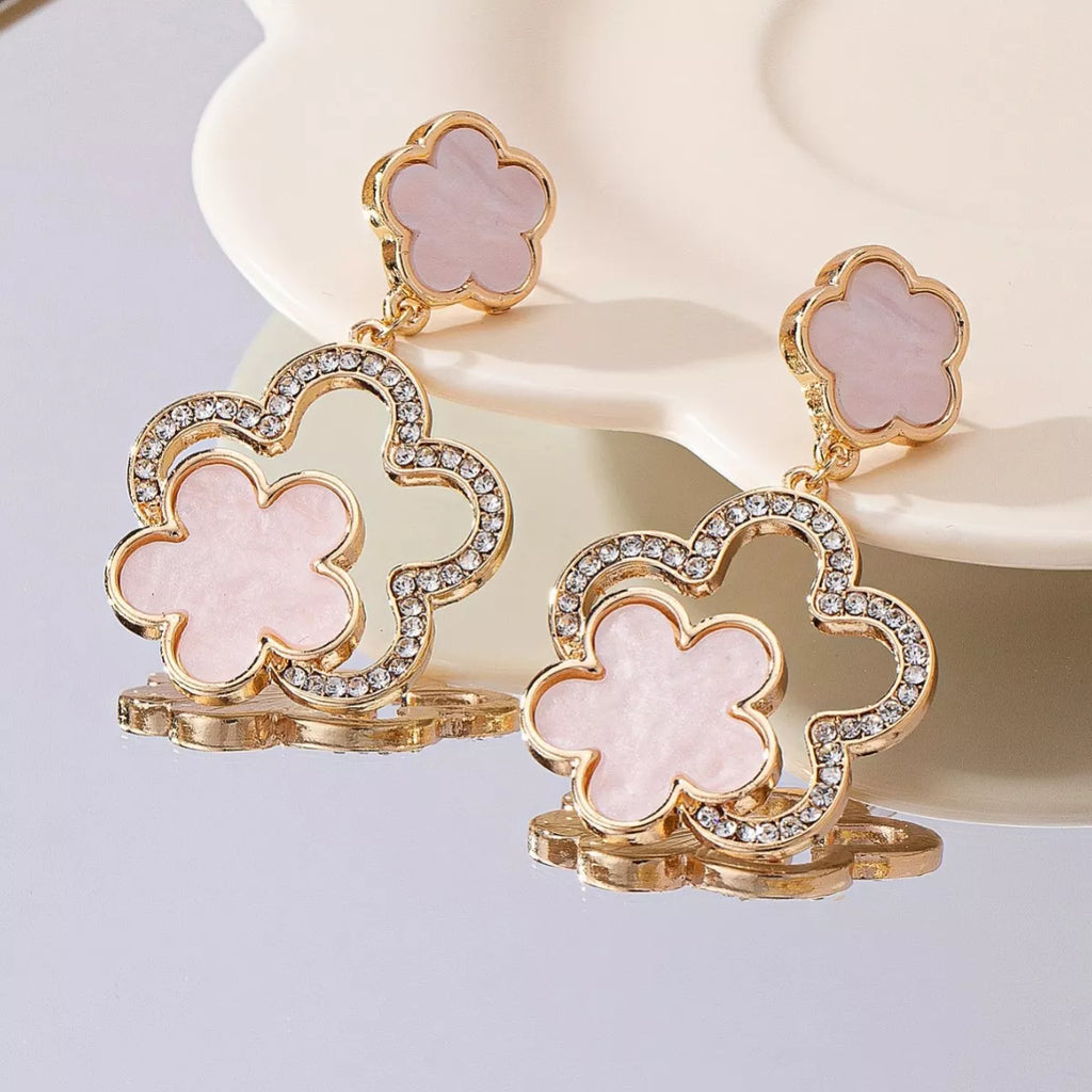 Lucky Clover Dangle Earrings with Rhinestone Accents-AURA REGALIA 