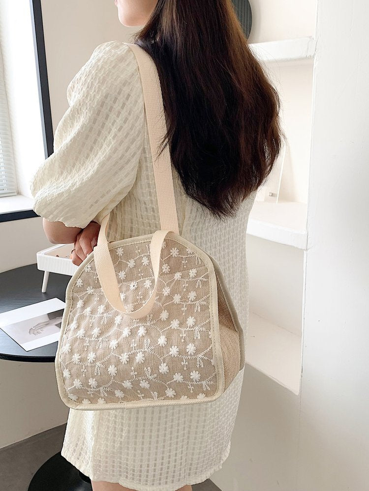 Straw Bag Summer New Fresh And Simple Lace Flower Girl Bag Handbag Beach Bag Shoulder Tote Bag-AURA REGALIA 