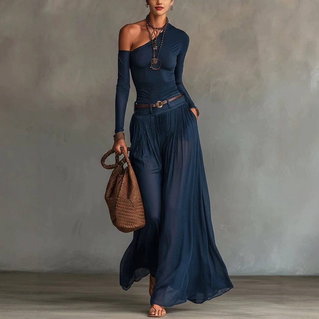 Asymmetrical Navy Blue Shoulder Long Sleeve Casual Set with Belted Long Dress