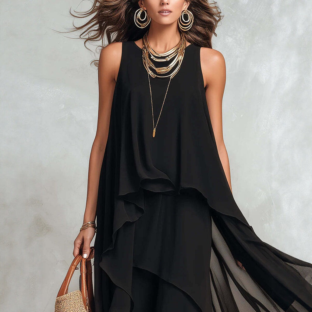 Chic Flowy Black Sleeveless Asymmetrical Chiffon Long Dress