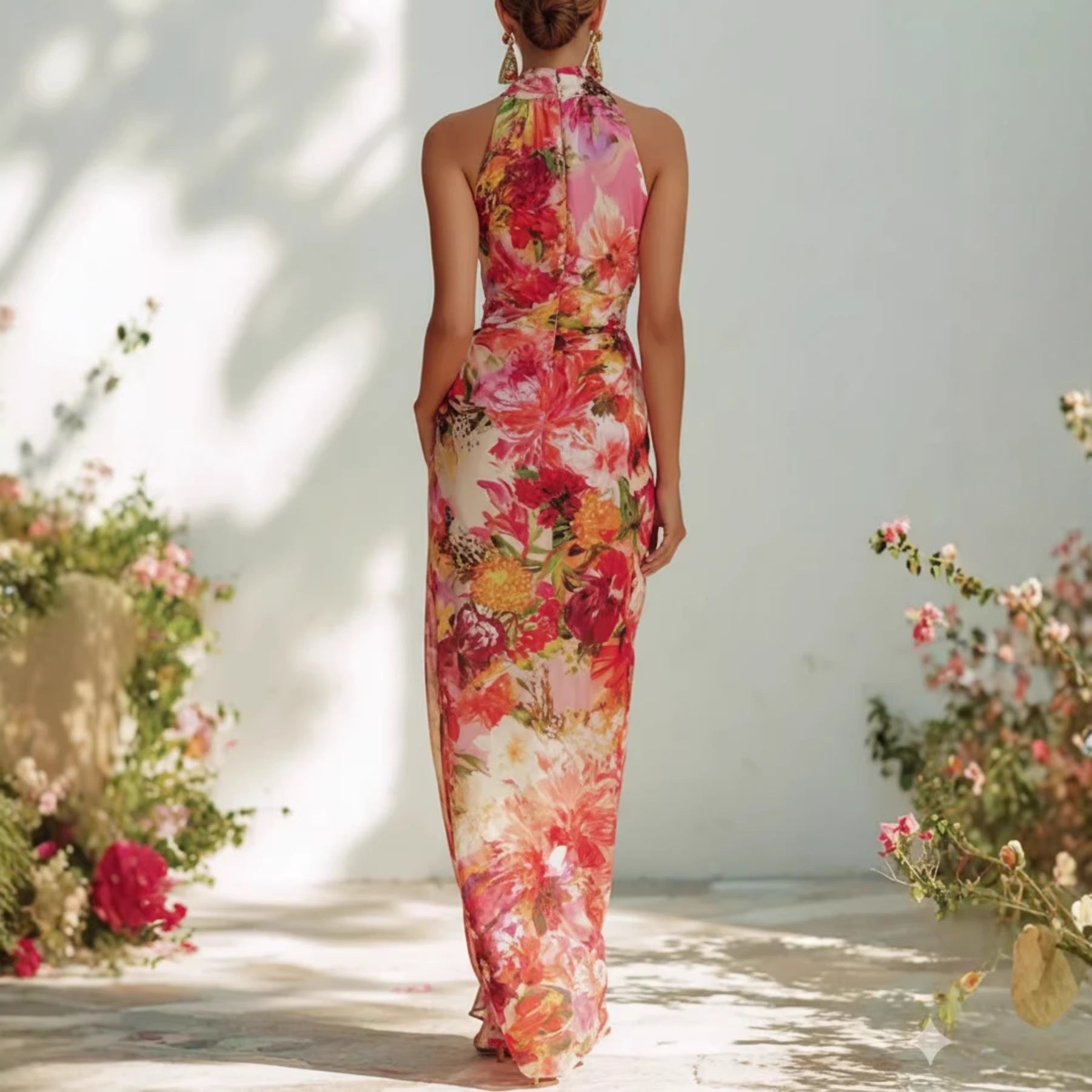 Elegant Floral Strapless Sleeveless Fitted Chiffon Dress
