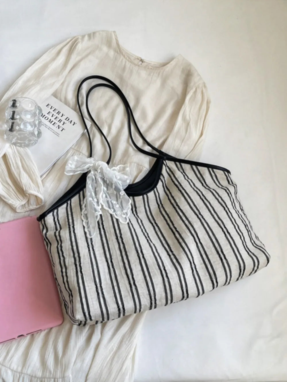 Striped Canvas Tote Bag-AURA REGALIA 