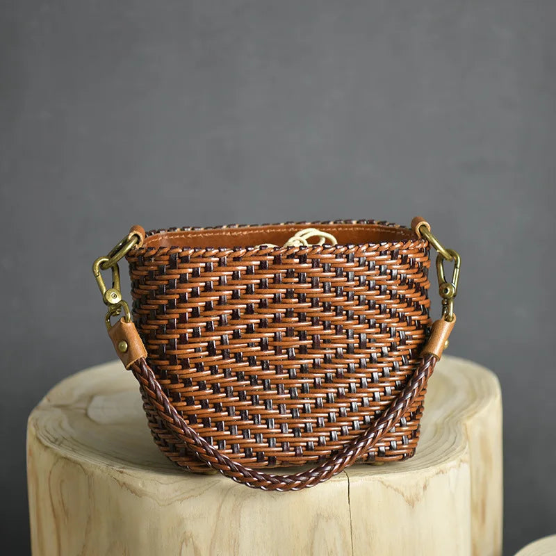 Women's Crossbody Bag Genuine Leather Literature and Art Chinese Style Small Square Bag Retro Handwoven Personalized Women's Bag