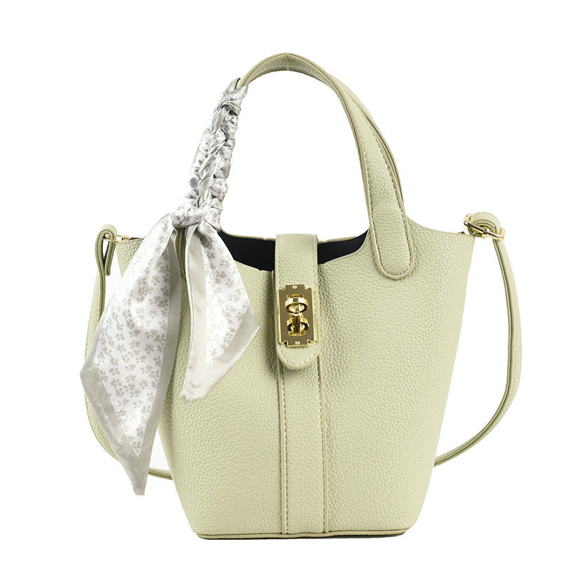 Women's Bag New Lychee Pattern Shoulder Bag Silk Scarf Shoulder Bag Female Small Fresh Messenger Bag Lock Buckle Bucket Bag-AURA REGALIA 