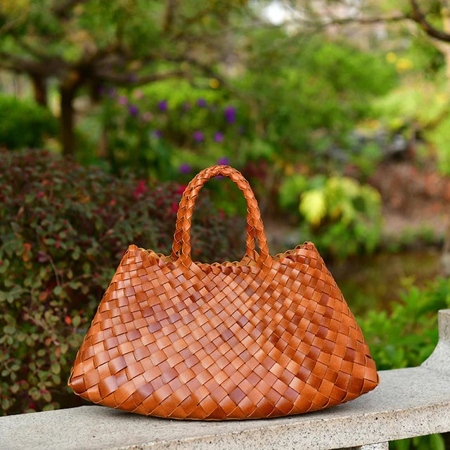 New Genune Leather Weave Hand Bags Tote Top Quality Women Basket Shopping Bags Handle Beach Hobos Handbag-AURA REGALIA 