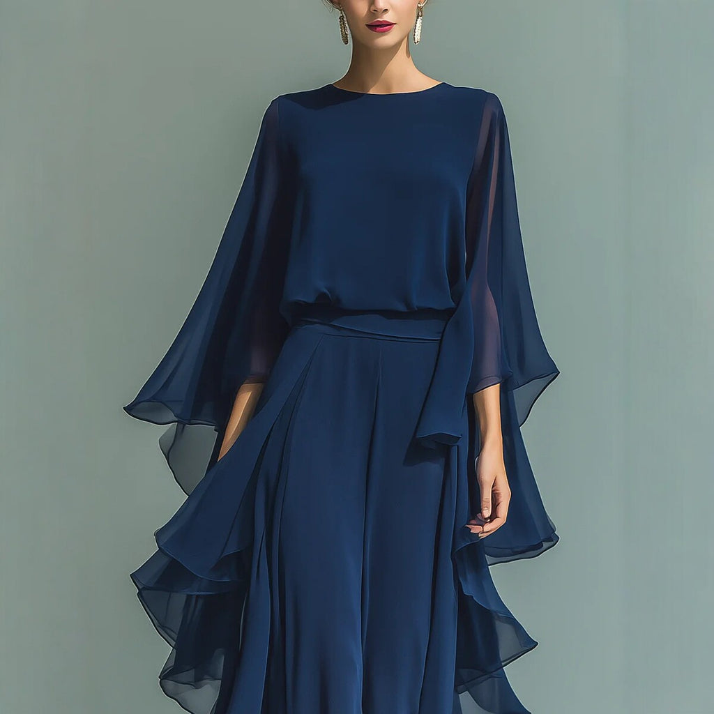 Deep Blue Ruffle Wide-Leg Pants Set for Women, Fashion Elegant Two-Piece Long Sleeve Casual Pants