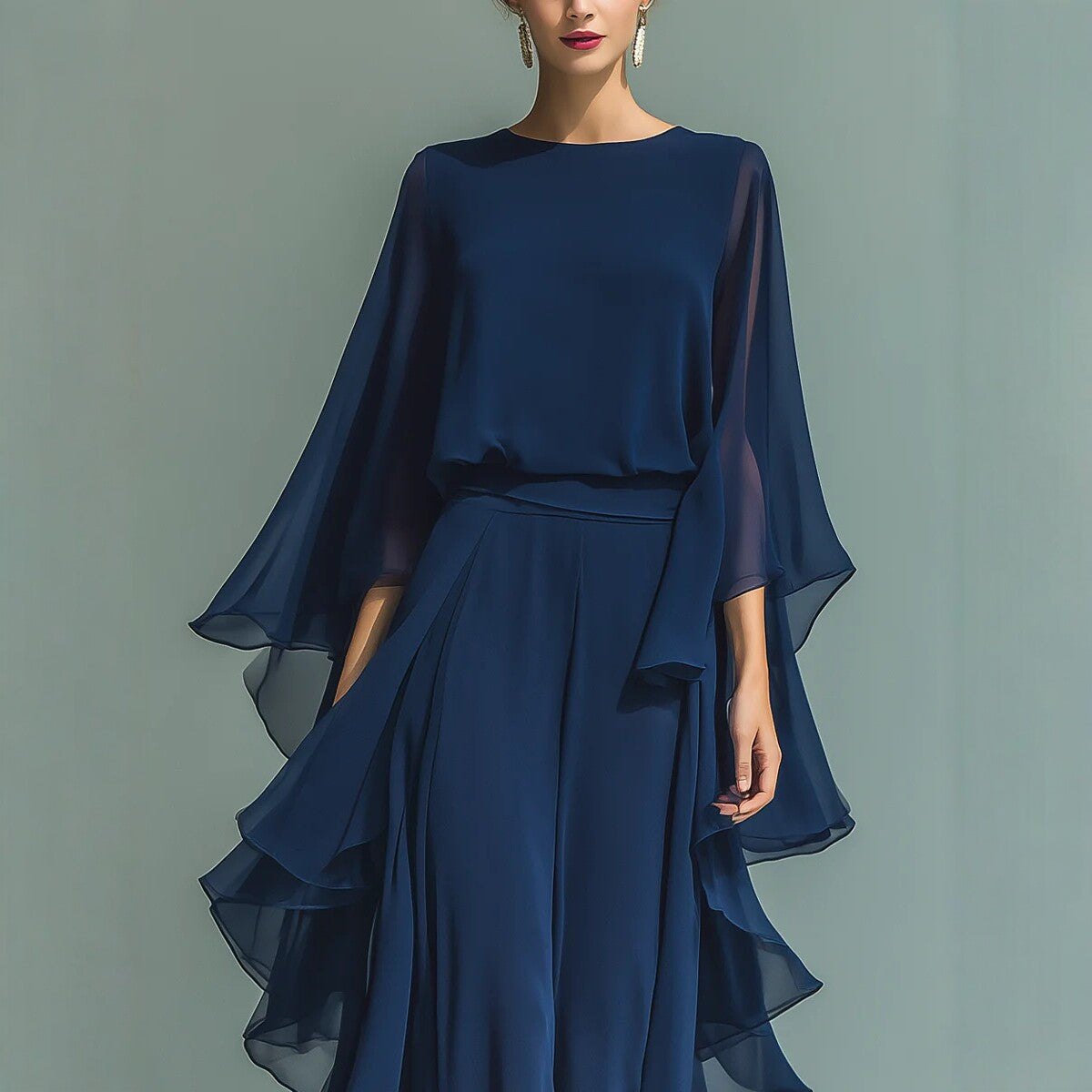 Deep Blue Ruffle Wide-Leg Pants Set for Women, Fashion Elegant Two-Piece Long Sleeve Casual Pants