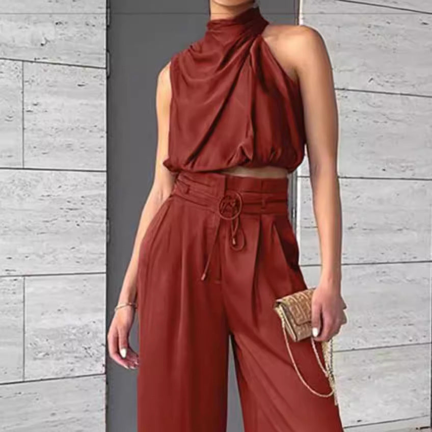 Summer Suits Casual Sleeveless Midriff-baring Top And Wide Leg Pants 2pcs Set Womens Clothing-AURA REGALIA 