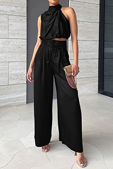 Summer Suits Casual Sleeveless Midriff-baring Top And Wide Leg Pants 2pcs Set Womens Clothing-AURA REGALIA 