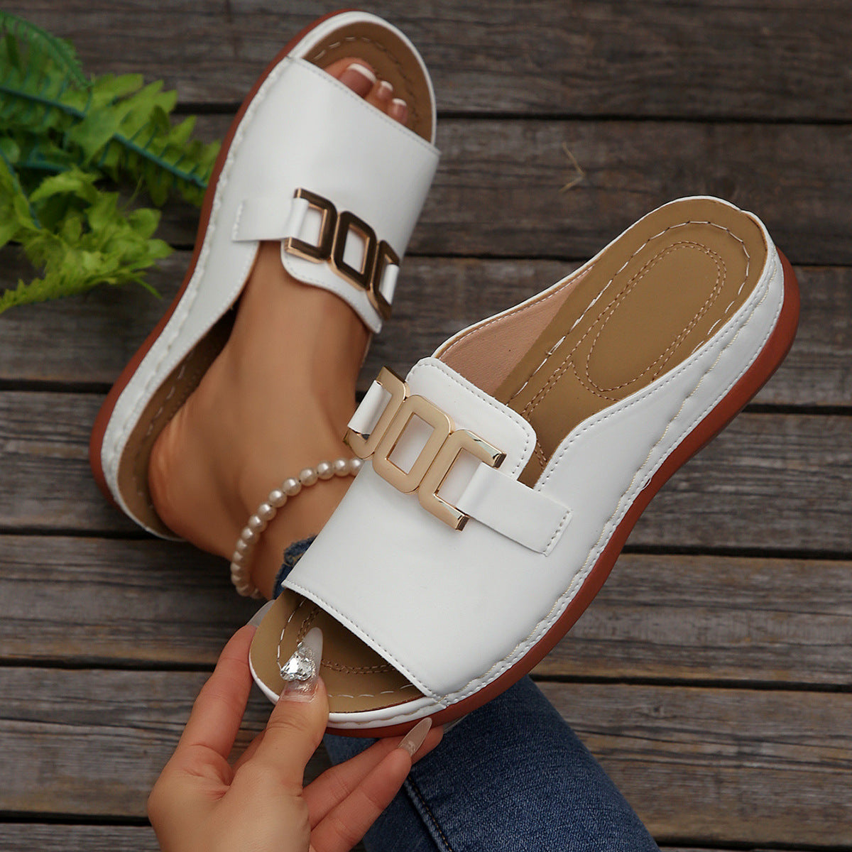 Ins Chain Wedges Sandals Summer Fashion Platform Peep-toed Slides Slippers Outdoor Thick Bottom Roman Shoes For Women-AURA REGALIA 