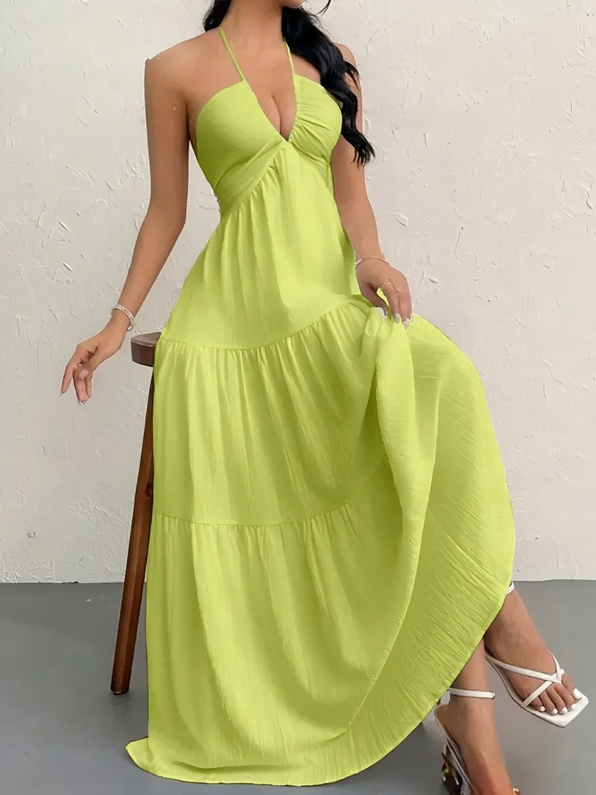 Backless Halterneck V-Neck Pleated A- Line Dress Women's Clothing One-Piece Dress Ankle-length Skirt For Beach Vacation Outfits-AURA REGALIA 
