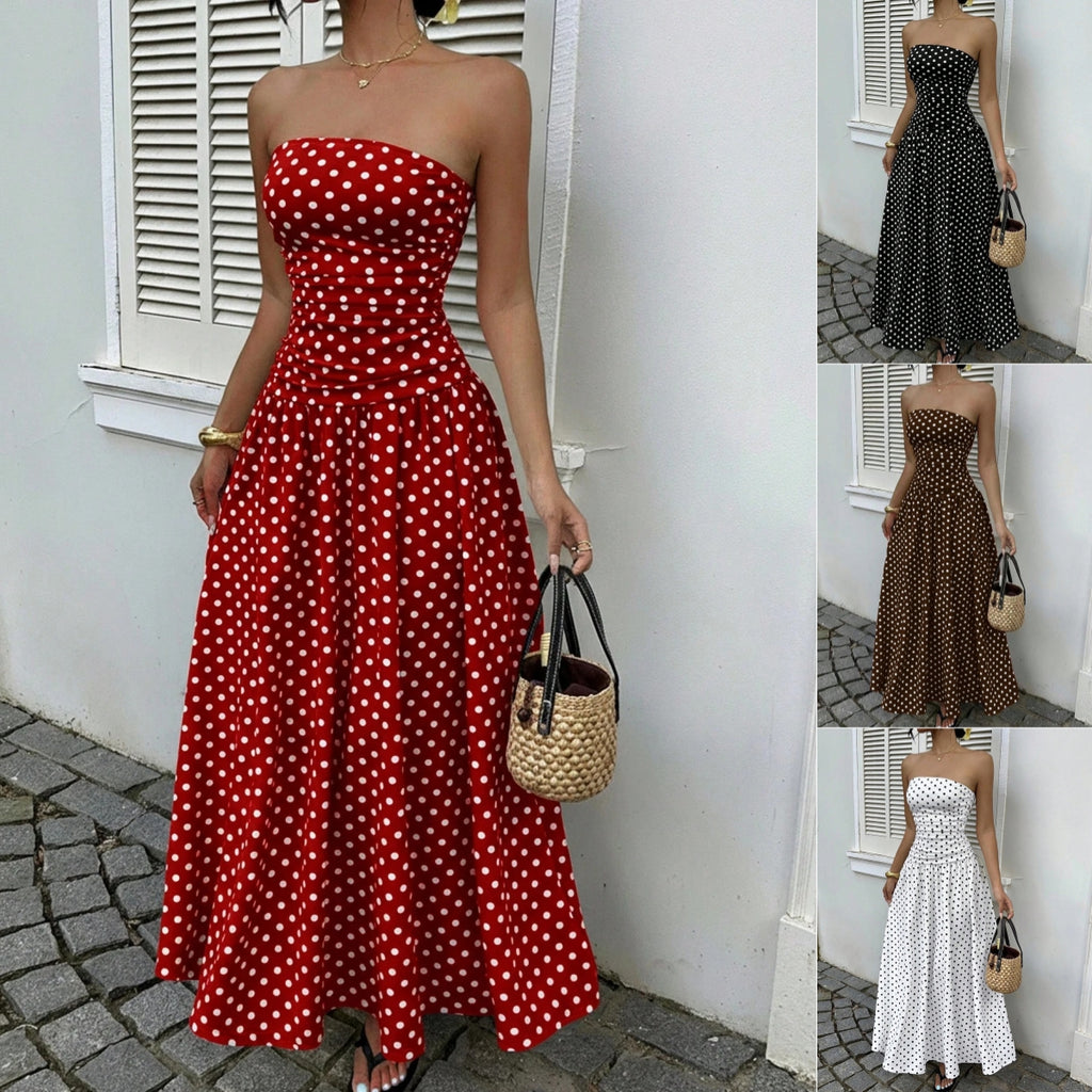 Elegant Polka-dot Off-shoulder Dresses Solid Color Strapless Lady High-waist Robe Commuting Party Business Beach Holiday Outfit-AURA REGALIA 