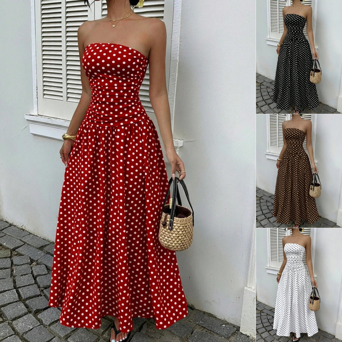 Elegant Polka-dot Off-shoulder Dresses Solid Color Strapless Lady High-waist Robe Commuting Party Business Beach Holiday Outfit-AURA REGALIA 