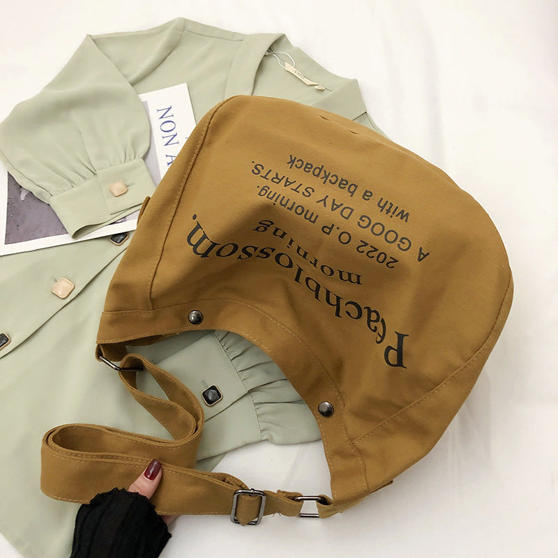 Letter Canvas Bag Female New Trendy Fashion All-Match Tote Bag Student Class Large Capacity Messenger Bag