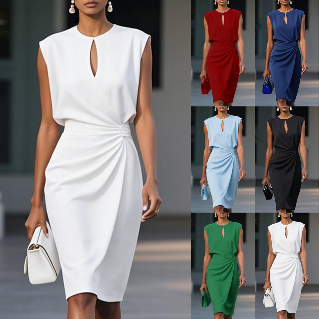 Solid color pleated waist cinched round neck hollow out Dress