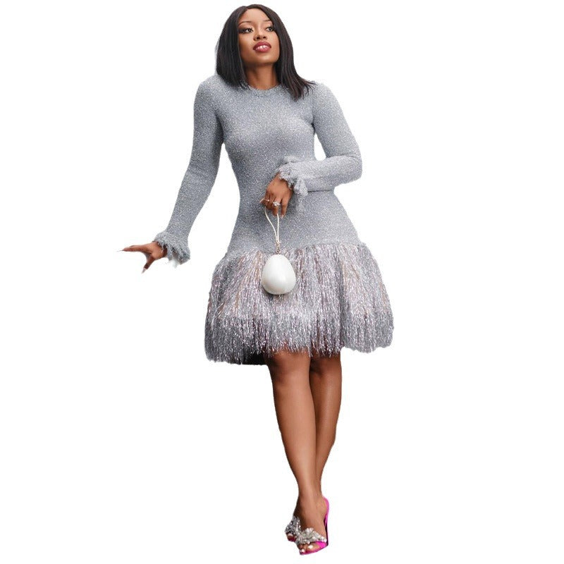 Silver Evening Short Dress with tassels skirt