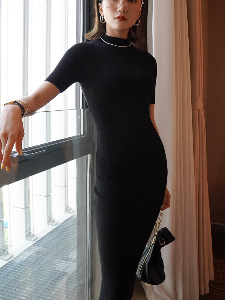 Vestidos de punto suaves de alta calidad, coreanos, de cuello medio vuelto, de manga corta, vintage, básicos y entallados para mujer