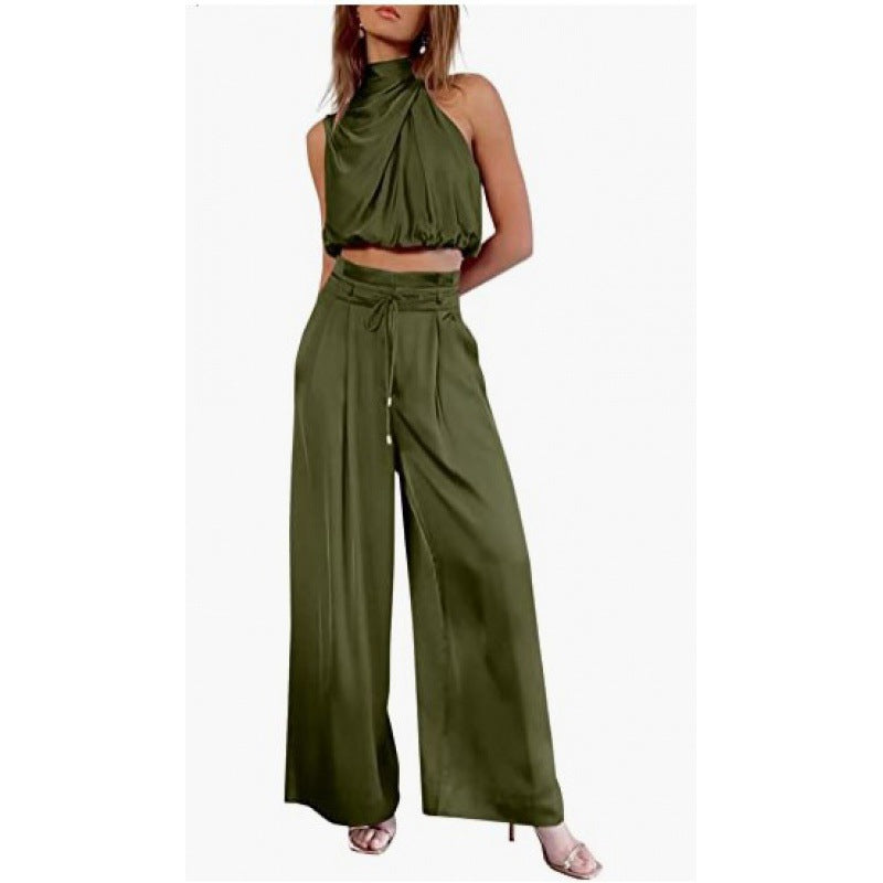 Summer Suits Casual Sleeveless Midriff-baring Top And Wide Leg Pants 2pcs Set Womens Clothing-AURA REGALIA 