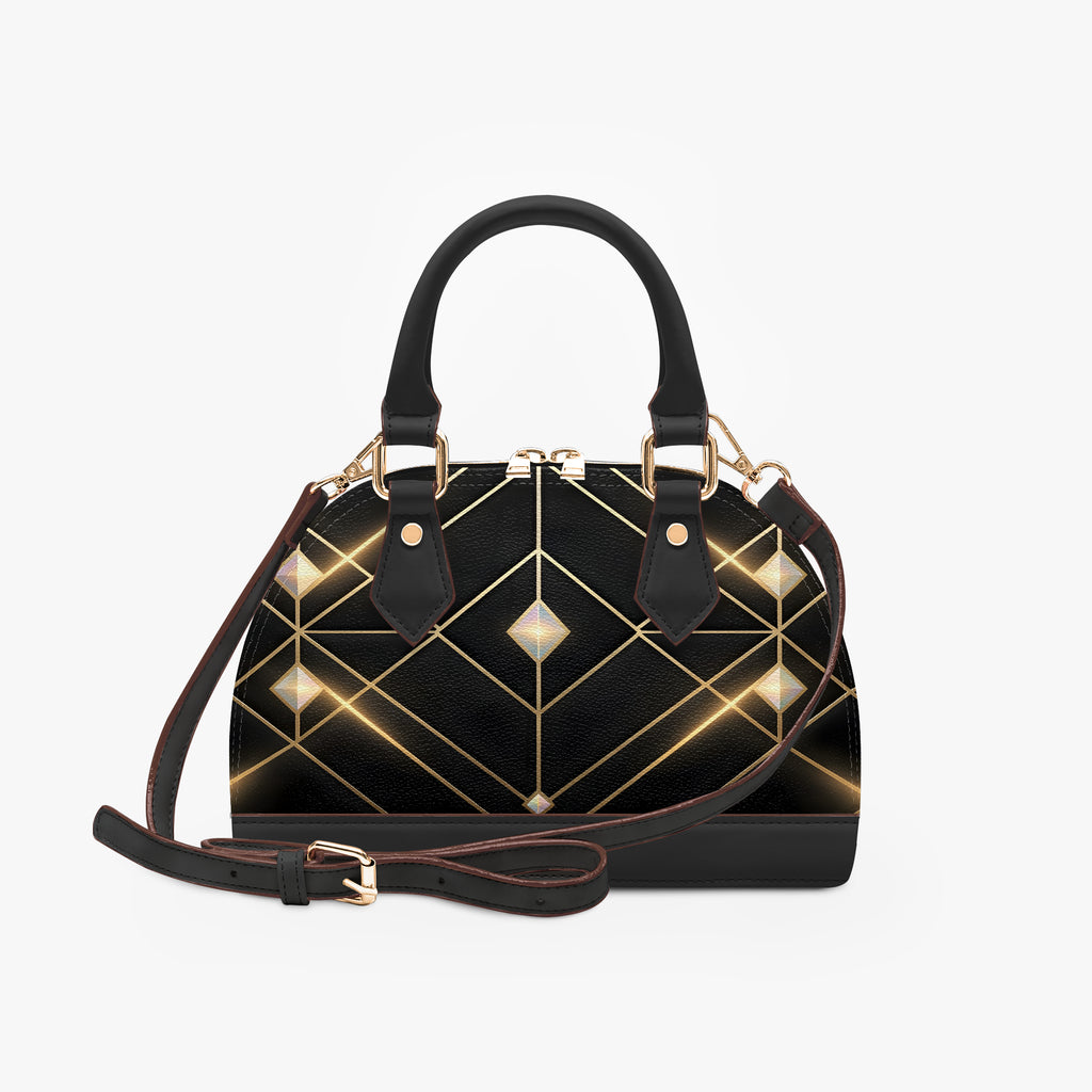 Black Art Deco Dome Handbag with Gold Geometric Design-AURA REGALIA 