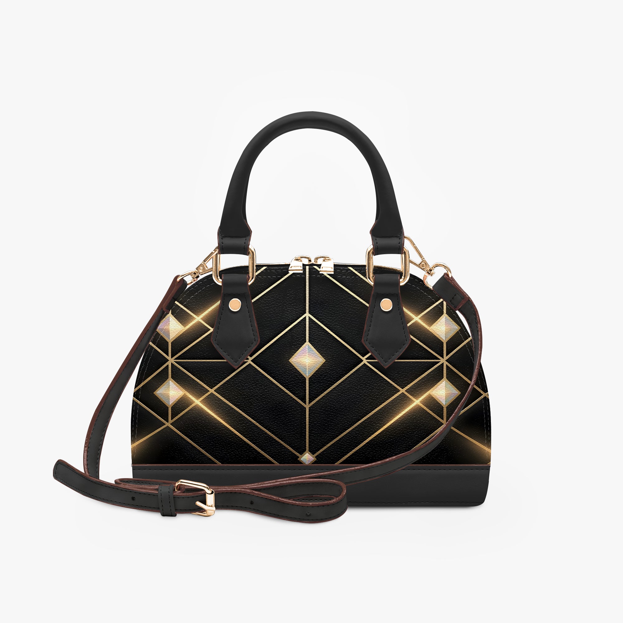 Black Art Deco Dome Handbag with Gold Geometric Design-AURA REGALIA 