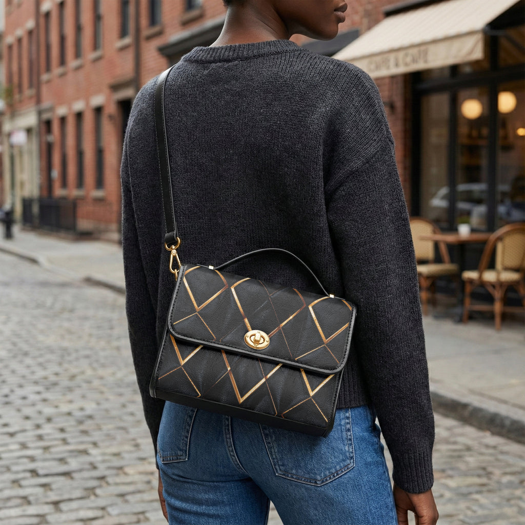 Art Deco Geometric Crossbody Bag – Black PU Leather-AURA REGALIA 