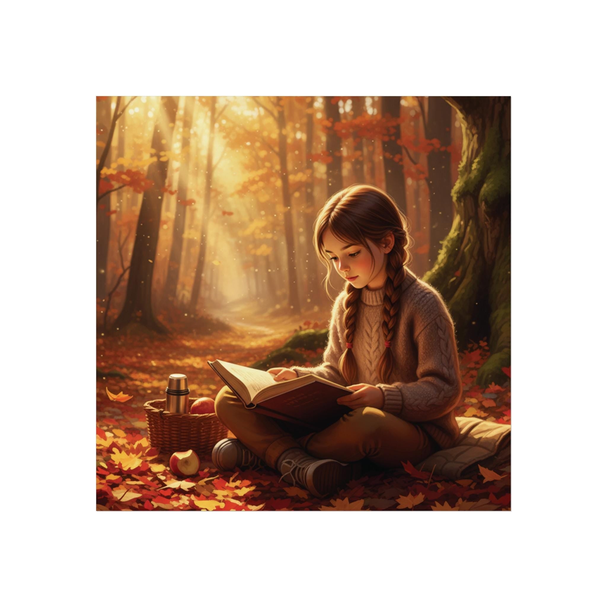 Girl Reading in Autumn Forest Poster | Fall Bookish Wall Art