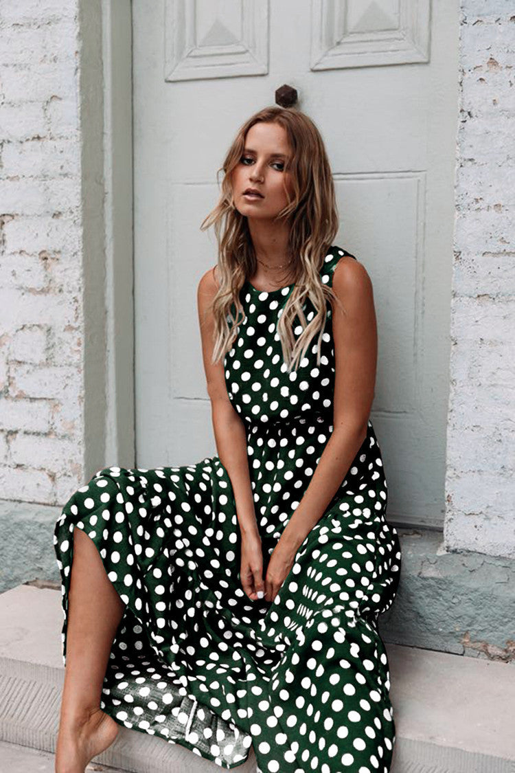 Polka Dot Sleeveless Dress-AURA REGALIA 