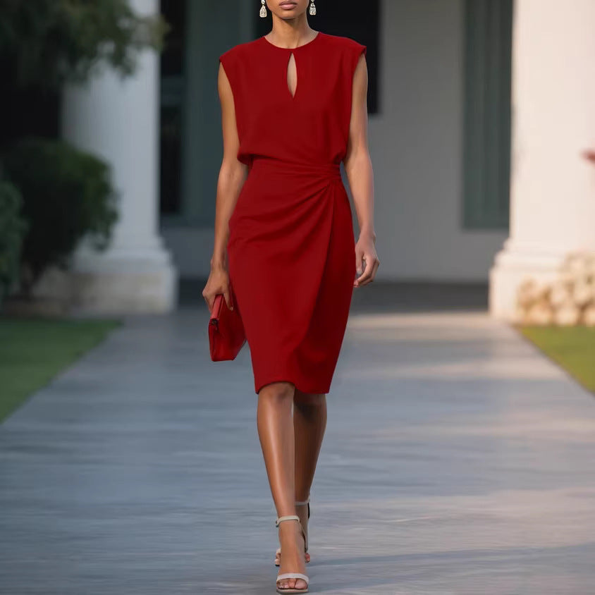 Solid color pleated waist cinched round neck hollow out Dress