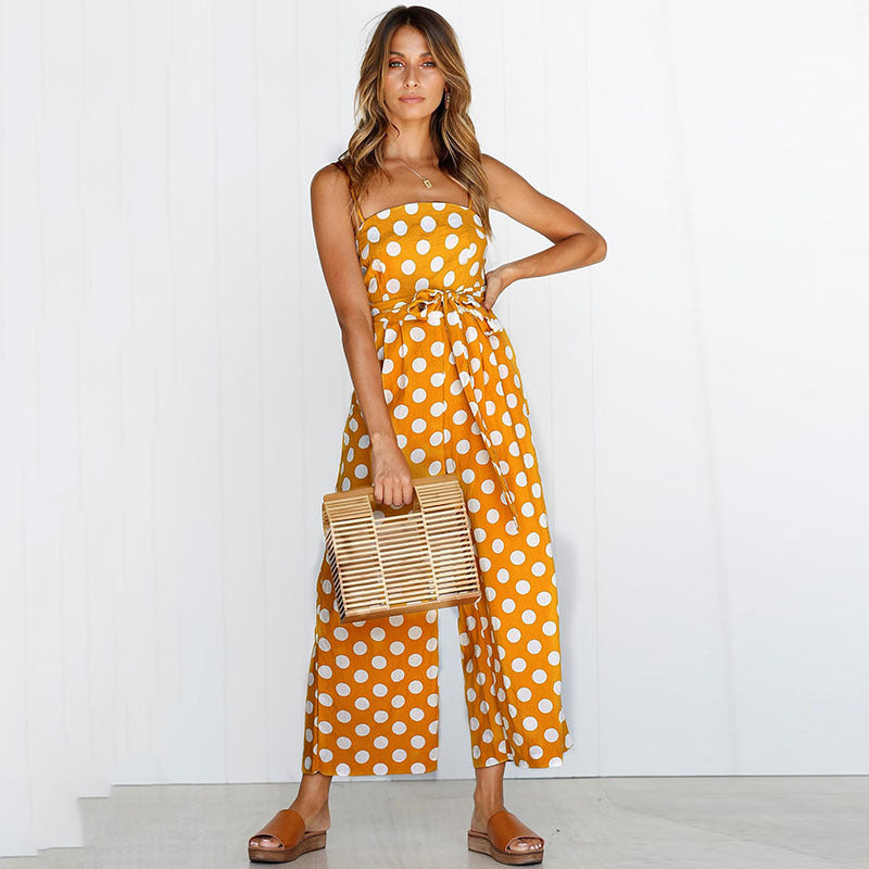 Sleeveless strapless polka dot long jumpsuit-AURA REGALIA 