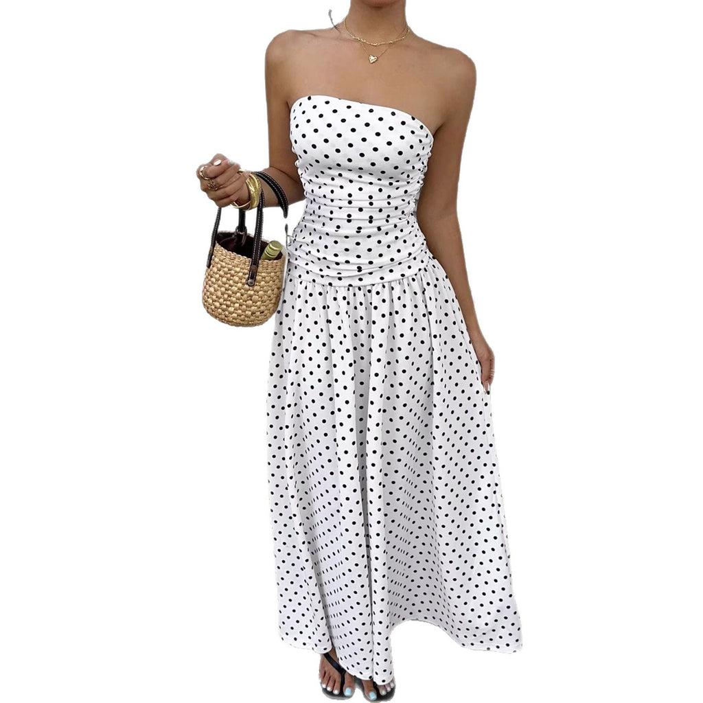 Elegant Polka-dot Off-shoulder Dresses Solid Color Strapless Lady High-waist Robe Commuting Party Business Beach Holiday Outfit-AURA REGALIA 