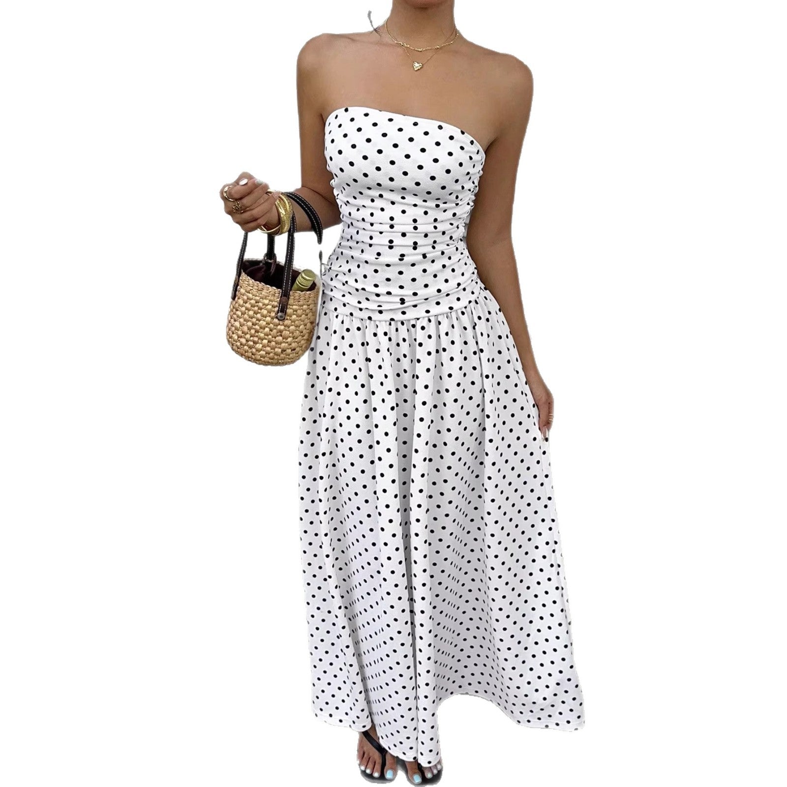 Elegant Polka-dot Off-shoulder Dresses Solid Color Strapless Lady High-waist Robe Commuting Party Business Beach Holiday Outfit-AURA REGALIA 