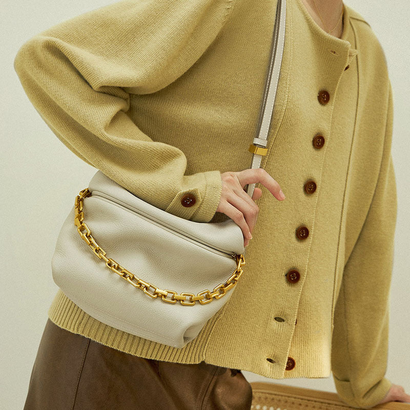 Leather Pleated Cloud Bag New Trendy Fashion Chain Dumpling Bag Shoulder Cowhide Messenger Bag Small Bag for Women-AURA REGALIA 