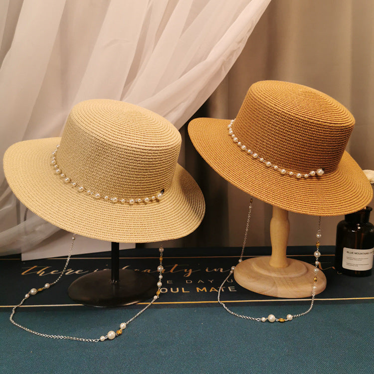 French Retro Pearl Chain Flat Straw Hat Elegant Top Hat Female Spring And Summer-AURA REGALIA 