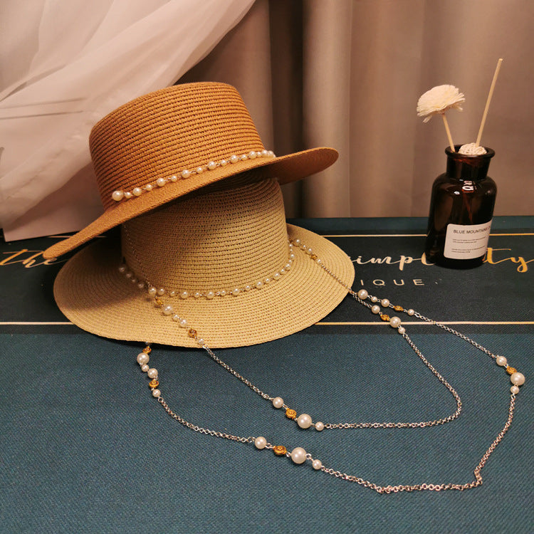 French Retro Pearl Chain Flat Straw Hat Elegant Top Hat Female Spring And Summer-AURA REGALIA 