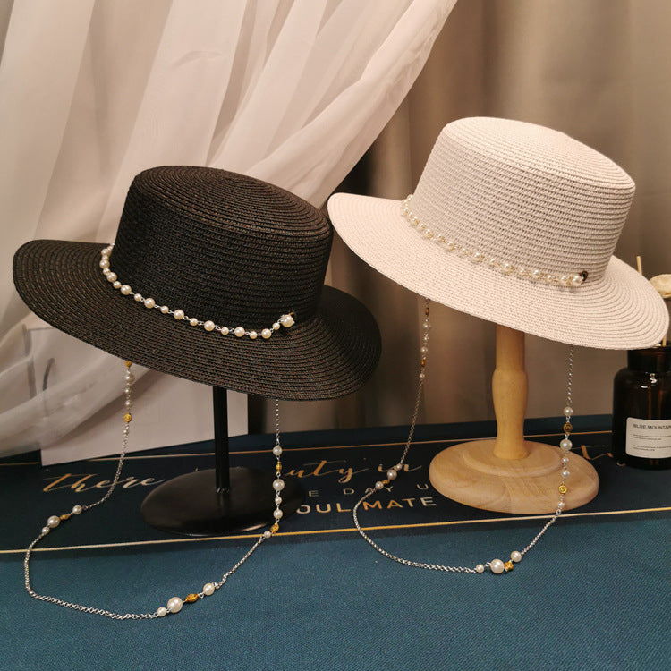 French Retro Pearl Chain Flat Straw Hat Elegant Top Hat Female Spring And Summer-AURA REGALIA 