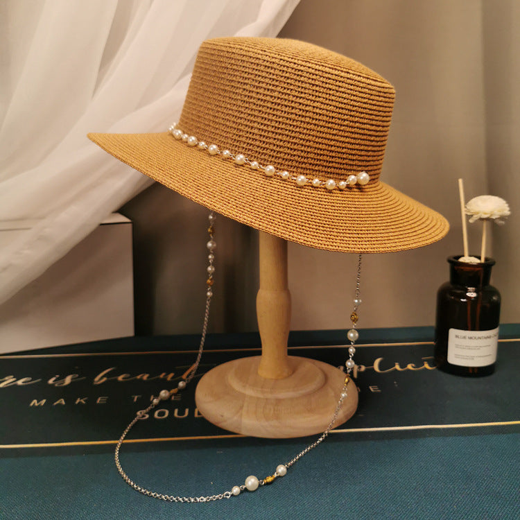 French Retro Pearl Chain Flat Straw Hat Elegant Top Hat Female Spring And Summer-AURA REGALIA 
