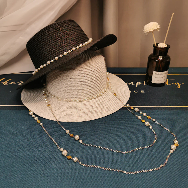 French Retro Pearl Chain Flat Straw Hat Elegant Top Hat Female Spring And Summer-AURA REGALIA 