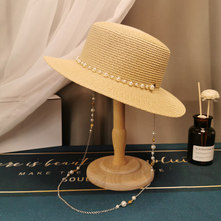 French Retro Pearl Chain Flat Straw Hat Elegant Top Hat Female Spring And Summer-AURA REGALIA 