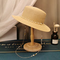 French Retro Pearl Chain Flat Straw Hat Elegant Top Hat Female Spring And Summer-AURA REGALIA 