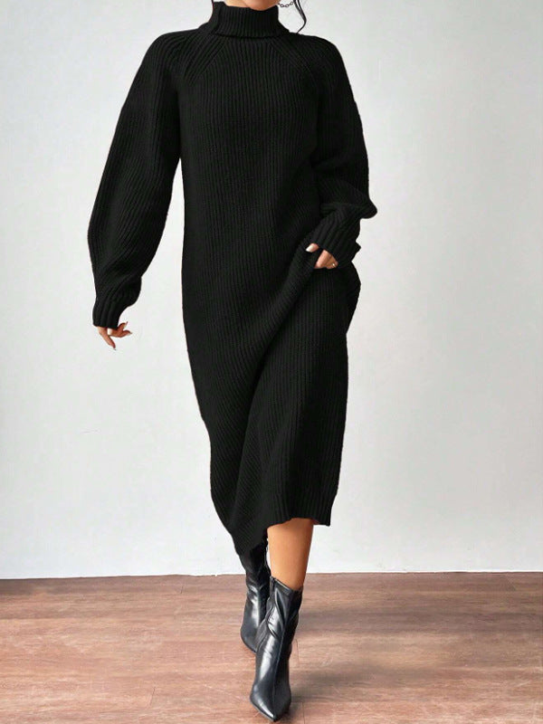 Vestido de punto a la moda para mujer, manga larga, cuello alto, cuello redondo, color liso, largo, vestido de capa interior