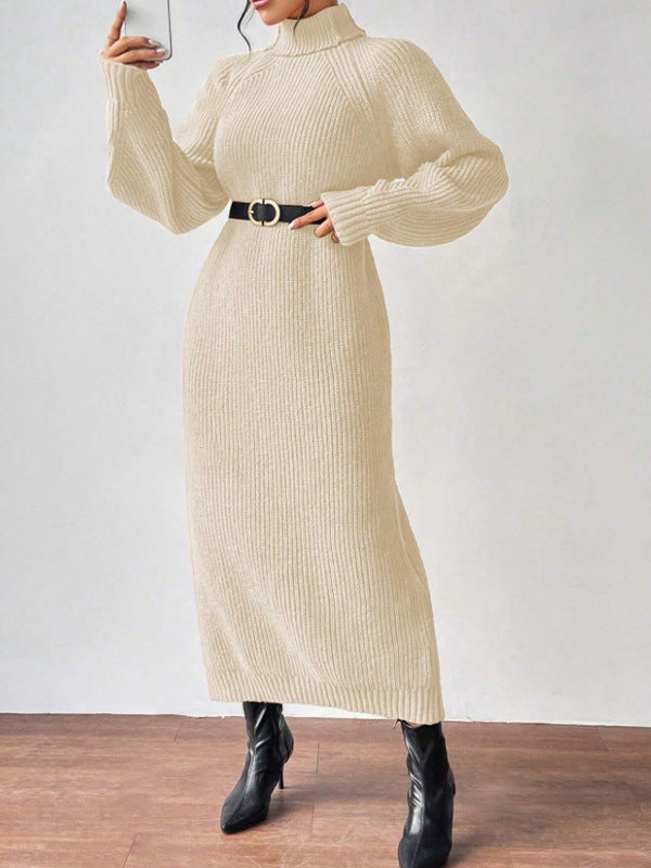 Vestido de punto a la moda para mujer, manga larga, cuello alto, cuello redondo, color liso, largo, vestido de capa interior