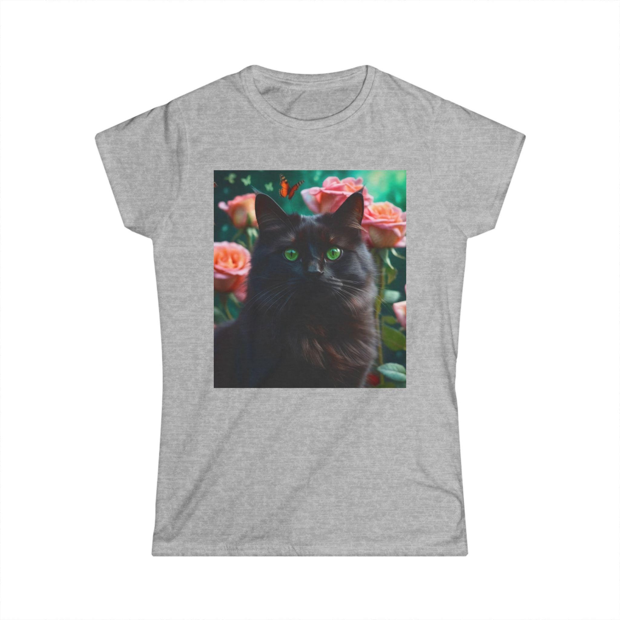Black Cat with Flowers and Butterflies Tee