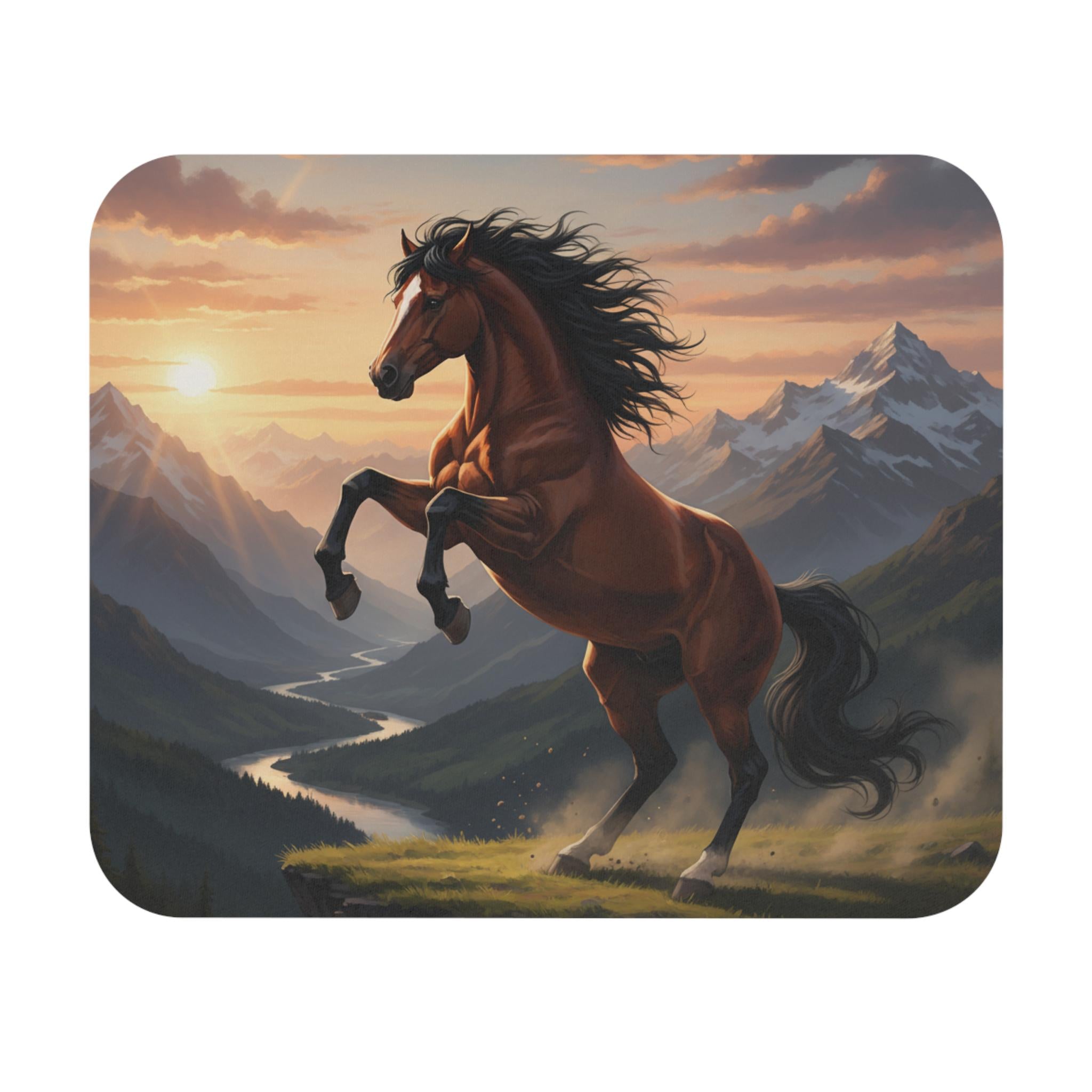Rearing Horse Mountain Sunrise Mouse Pad | Scenic Landscape Computer Desk Mat