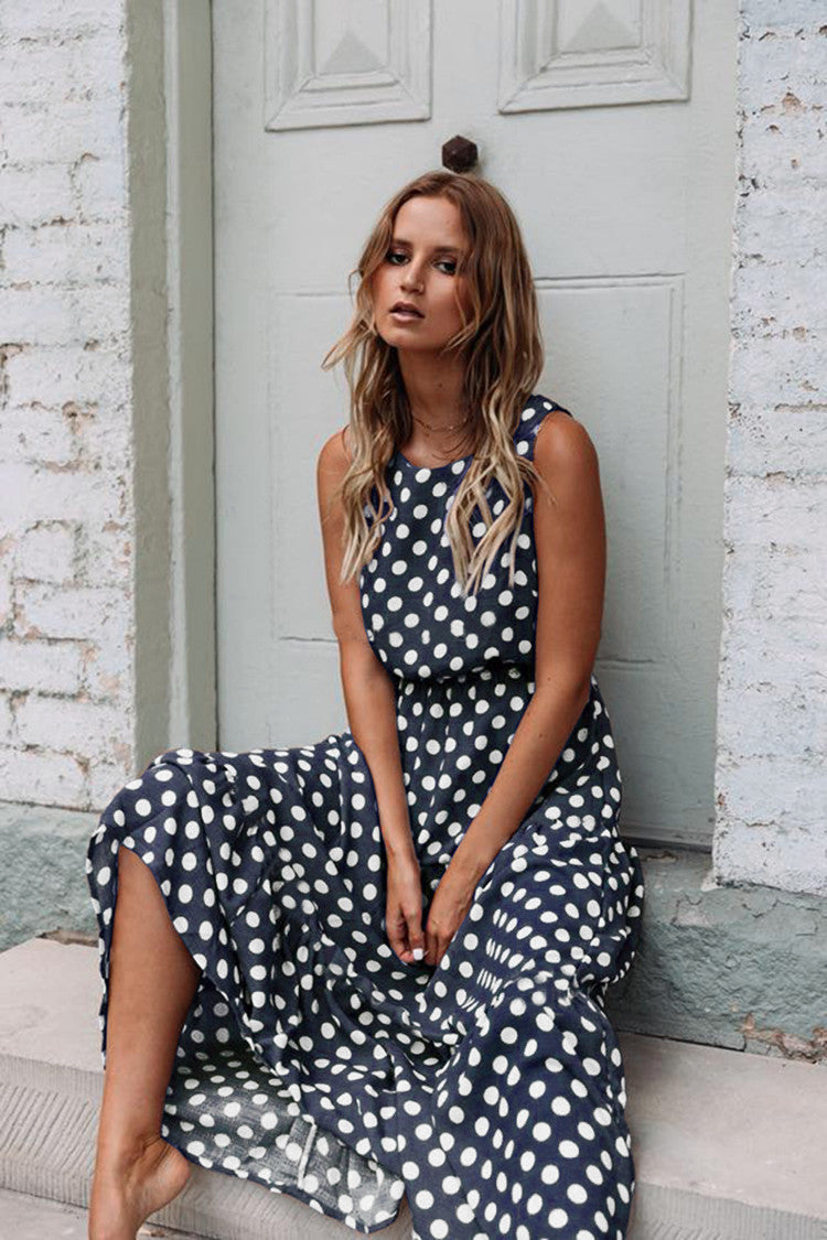 Polka Dot Sleeveless Dress-AURA REGALIA 