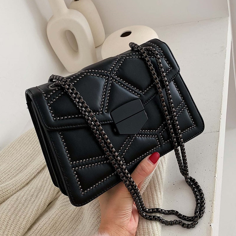 Rivet Chain Brand Designer PU Leather Crossbody Bags For Women 2021 Simple Fashion Shoulder Bag Lady Luxury Small Handbags-AURA REGALIA 