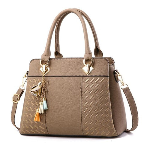 Women Handbags Tassel PU Leather Totes Bag Top-handle Embroidery Crossbody Bag Shoulder Bag Lady Simple Style Hand Bags-AURA REGALIA 