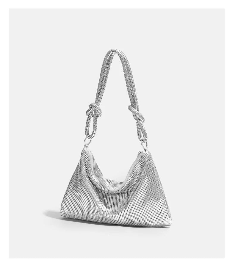 Fashion Metal Mesh Women Shoulder Bags Designer Silver Handbags Shinny Diamond Strip Evening Bag Glitter Tote Party Purse