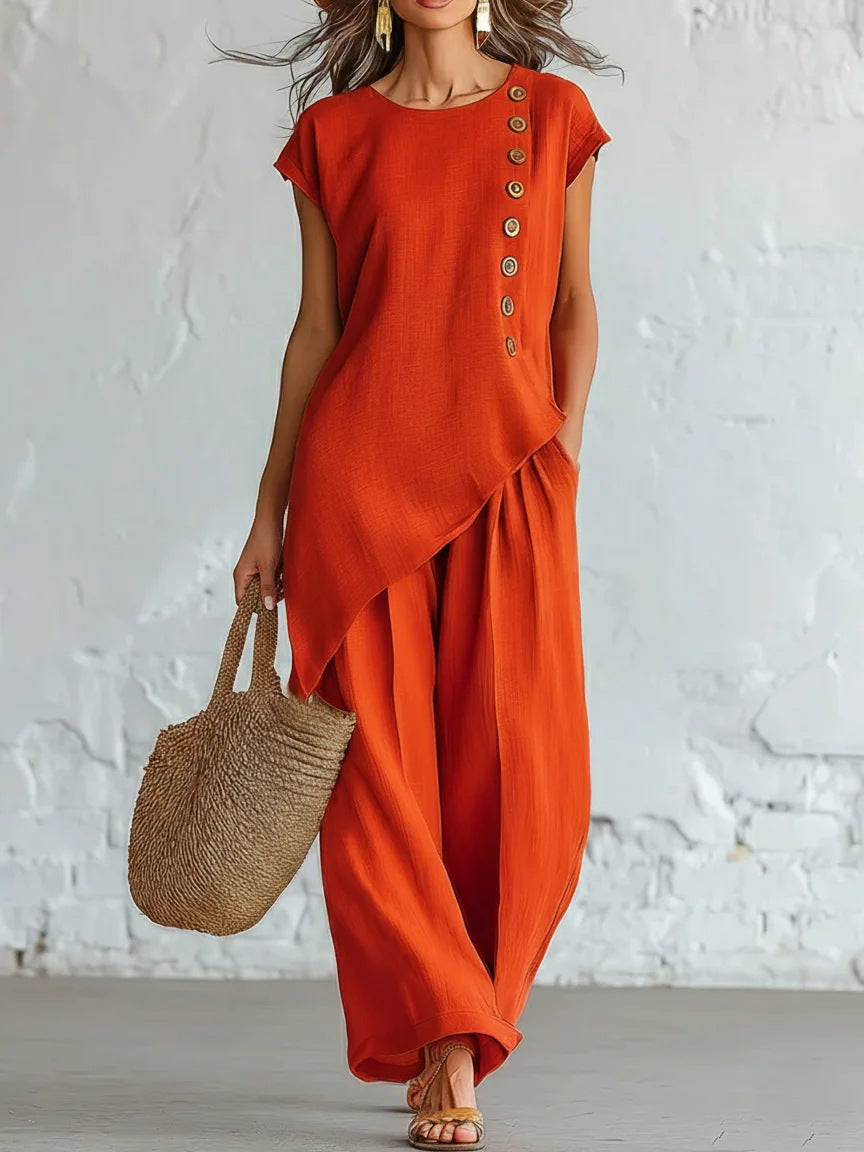 Womens Solid-Color Crew-Neck Buttoned Short-Sleeve Wide-Leg Pants Set-AURA REGALIA 