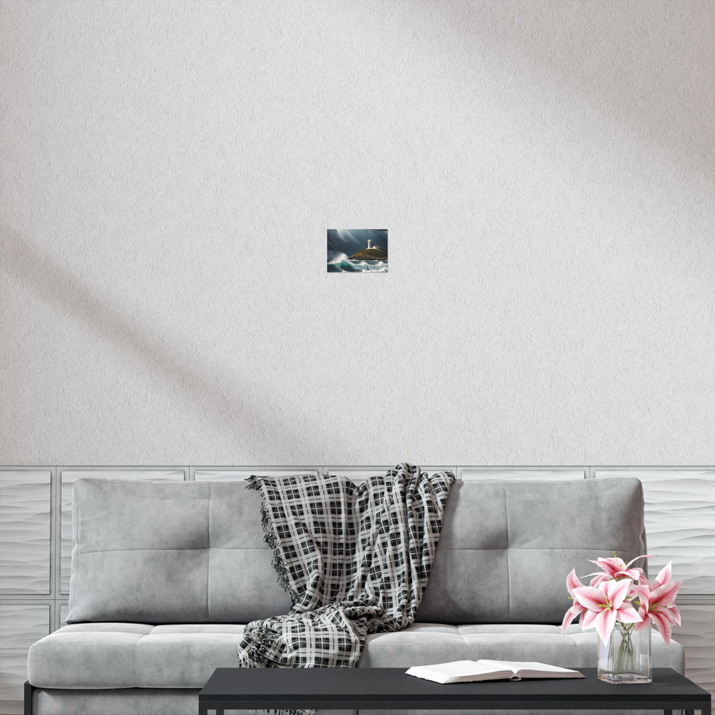 Lighthouse on Stormy Coast Poster | Ocean Waves Seascape Print